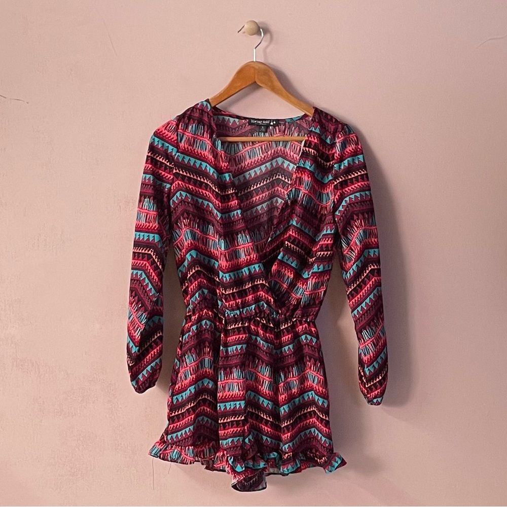 Living Doll Pink|Aqua Chevron Stripe Deep V-Neck Long Sleeve Romper Sz S EUC
